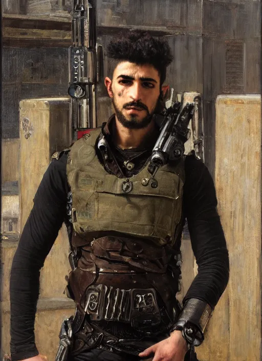 Prompt: Hector. cyberpunk assassin wearing a military vest and military gear. Handsome face. Iranian orientalist portrait by john william waterhouse and Edwin Longsden Long and Theodore Ralli and Nasreddine Dinet, oil on canvas. Cinematic, hyper realism, realistic proportions, dramatic lighting, high detail 4k