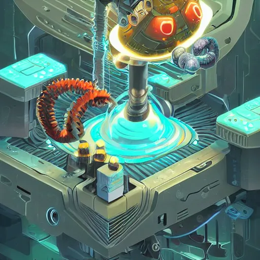 Image similar to isometric scientifically accurate microscopic robotic virus attacking organic biological cell by tyler edlin and petros afshar and christopher balaskas and marius borgeaud and kiliain eng, atomic age maximalist, art nouveau, well proportioned, highly detailed