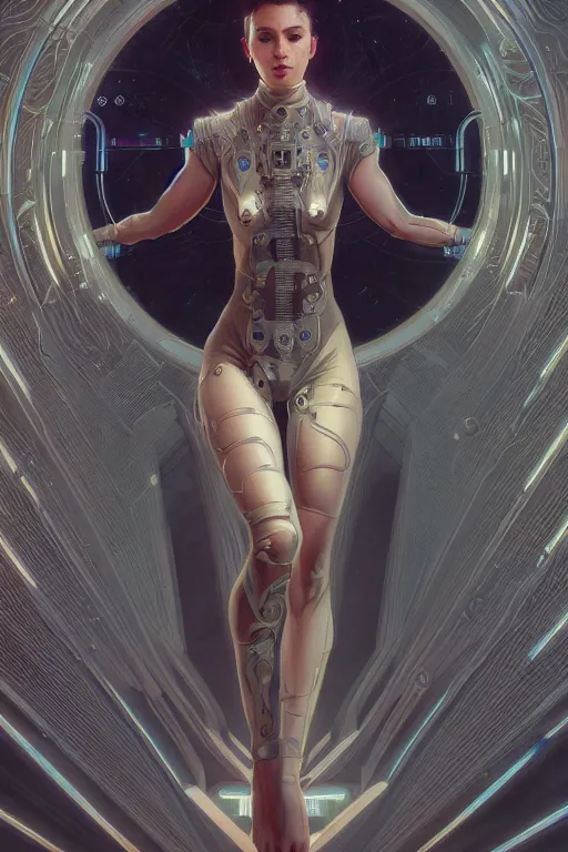 Image similar to full body portrait of a girl, sci fi, synthwave, cyberpunk, intricate, elegant, highly detailed, digital painting, artstation, concept art, smooth, sharp focus, illustration, art by artgerm and greg rutkowski and alphonse mucha