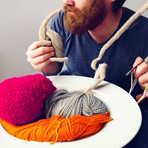Prompt: a man eating yarn, with a dinner plate full of a muppet