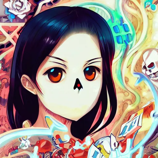 Prompt: anime manga skull portrait young woman skeleton, pokemon, artgerm, painterly, graffiti, key lighting, art by jc leyendecker and sachin teng
