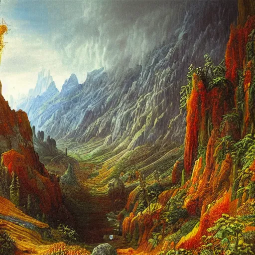 Image similar to a beautiful and highly detailed oil painting of a lost valley in the mountains, intricate details, epic scale, insanely complex, 8 k, sharp focus, hyper realism, fantasy landscape, psychedelic, by caspar friedrich,