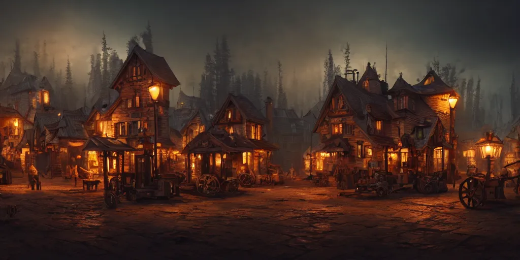 Image similar to a small steampunk wooden village, rich, cyborgs, dark aesthetic, soft colours, natural, steam, big clocks, concept art, octane render, unreal engine, in the style of luca guadagnino, highly detailed, high quality, artstation, digital art, 8 k hdr, cinematic, dramatic lighting, scenic, rich colour scheme