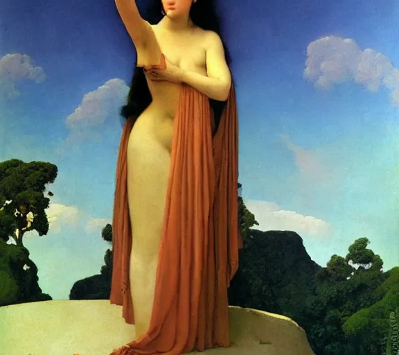 Image similar to an oil painting a queen with dark hair and white fair skin standing on a throne by maxfield parrish, highly detailed, realistic, realism, manierism, oil painting, wide shot