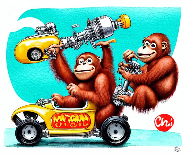 Image similar to cute and funny, orangutan wearing a helmet riding in a tiny hot rod with oversized engine, ratfink style by ed roth, centered award winning watercolor pen illustration, isometric illustration by chihiro iwasaki, edited by range murata, tiny details by artgerm, symmetrically isometrically centered