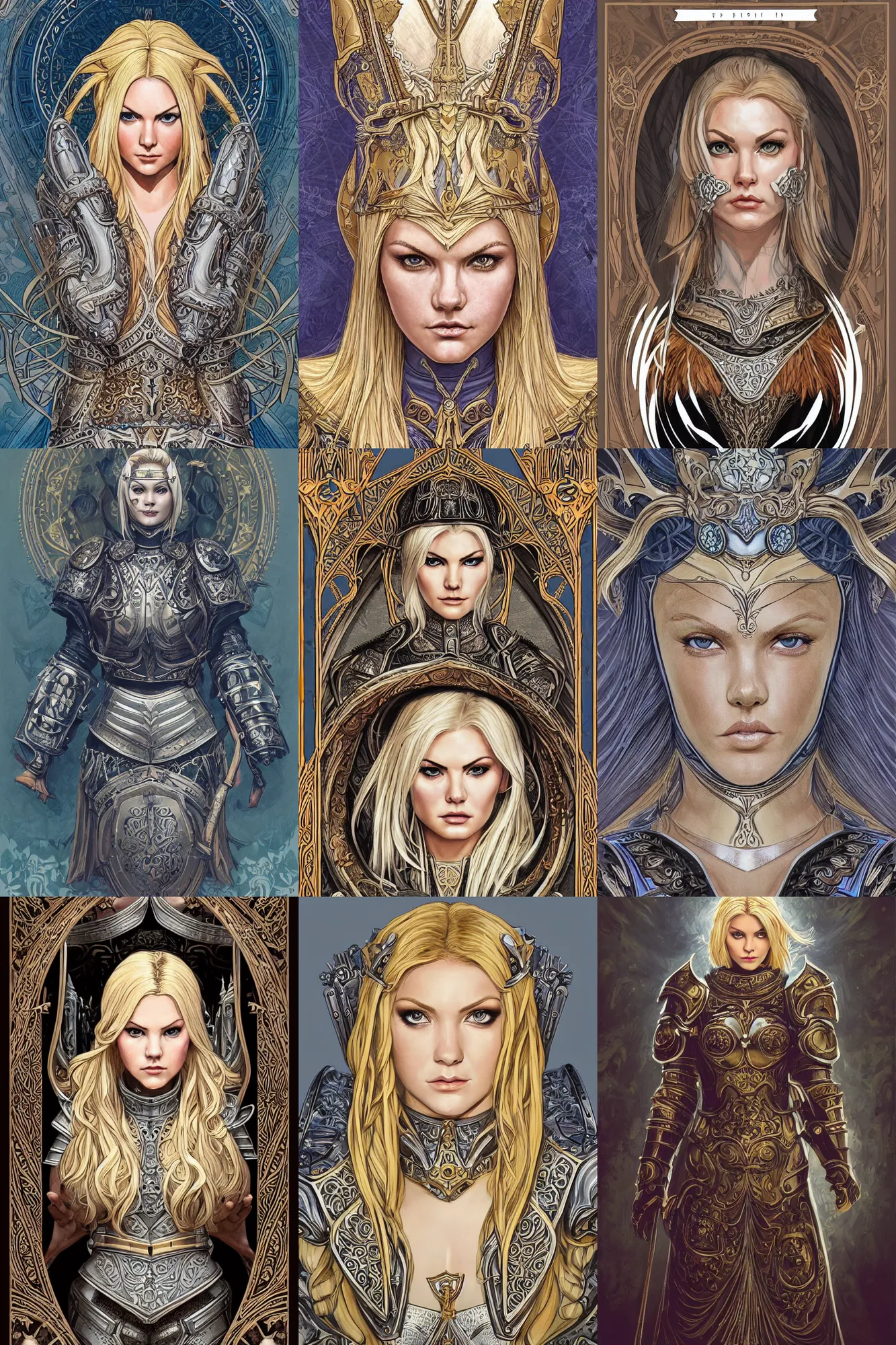 Prompt: head-on symmetrical centered painted portrait, Elisha Cuthbert as a paladin, blonde hair, ornate heavy plate armour, art nouveau, tarot card style, medieval robes, fantasy, intricate, elegant, highly detailed, smooth, sharp focus, illustration, artstation, in the style of Ross Tran and by Jesper Ejsing and by Mikalojus Konstantinas Ciurlionis