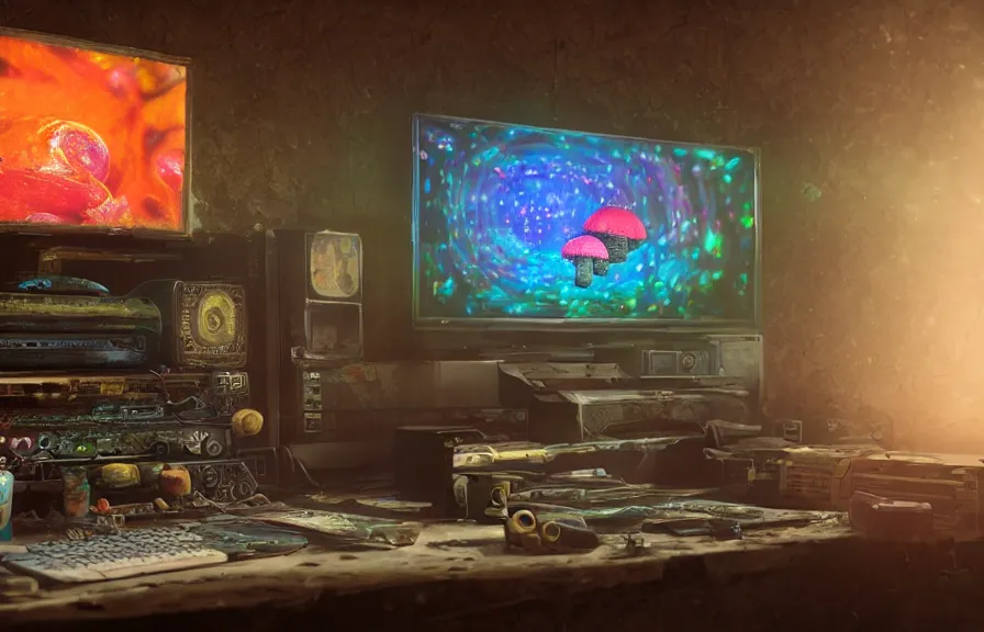 Image similar to A realistic painting of a vintage computer, with a psychedelic mushroom on the screen, in a post apocalyptic setting, unreal 5, DAZ, hyperrealistic, octane render, RPG portrait, dynamic lighting