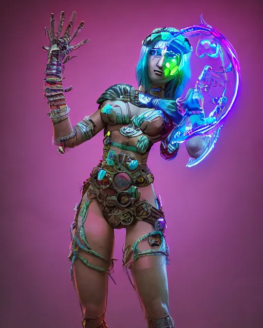 Image similar to An epic fantasy comic book style full body portrait painting of a very beautiful cyberpunk Hula Dancer, character design by Mark Ryden and Pixar and Hayao Miyazaki, unreal 5, DAZ, hyperrealistic, octane render, cosplay, RPG portrait, dynamic lighting, intricate detail, cinematic