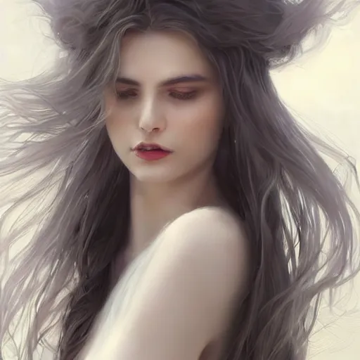 Image similar to an beautiful goddess in a short sleeved white blouse and white long flowing hair, modern, wet skin, shiny, fine art, awesome fantasy book cover on Pinterest, award winning, dark fantasy landscape, fantasy magic, intricate, elegant, sharp focus, cinematic lighting, highly detailed, digital painting, concept art, art by WLOP and Artgerm and Greg Rutkowski, masterpiece, trending on artstation, 8K