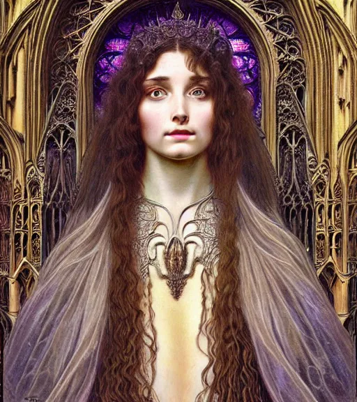 Prompt: hyperrealistic detailed face portrait of a beautiful long haired young goddess morphing into a gothic cathedral, authentic ornamental architecture, intricate and highly detailed, awe inspiring art by ernst haeckel, h. r. giger, alphonso mucha, gothic, neo - gothic, heavily ornamental, nice deep colours,