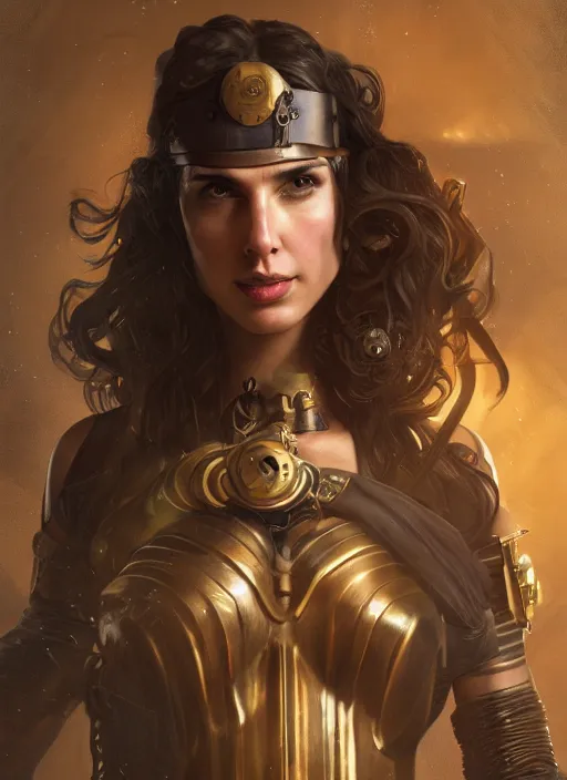 Image similar to steampunk portrait of gal gadot, hyper detailed, digital art, cinematic lighting, studio quality, smooth render, unreal engine 5, octane rendered, art style by klimt and nixeu and ian sprigger and wlop and krenz cushart.