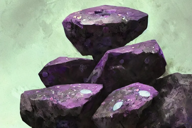 Image similar to close-up of three tiny magical purple stones, fragmented, debris floating in mid air, stones connected by magical energy, white background, concept art in style of Greg Rutkowski, painted by Frank Frazetta, trending on artstation