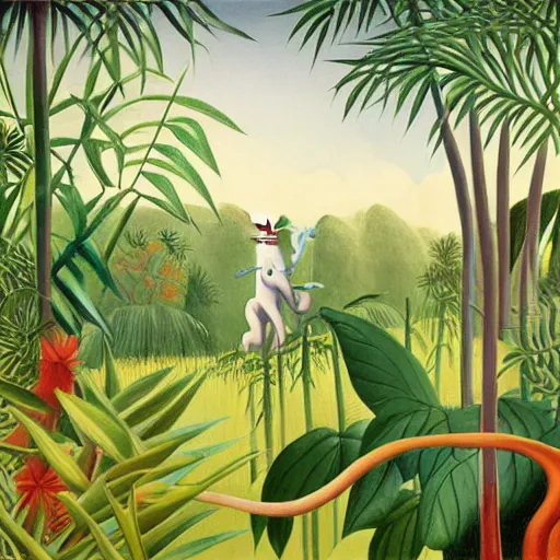 Image similar to A unicorn in the jungle by Henri Rousseau, trending on artstation