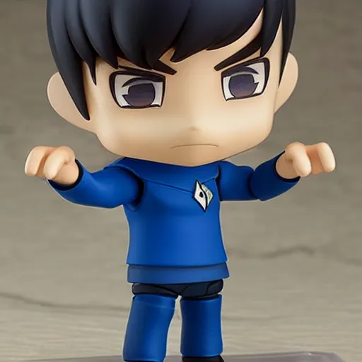 Prompt: spock from the tv series star trek as an anime nendoroid, doing his signatory handsign, serious look, pointed ears, spock haircut, starfleet uniform, detailed product photo