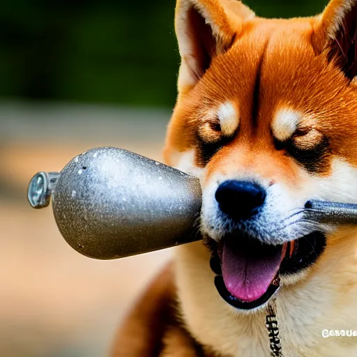 Prompt: close - up portrait of shiba inu holding huge mace in paws, ( eos 5 ds r, iso 1 0 0, f / 8, 1 / 1 2 5, 8 4 mm, postprocessed, sharp )