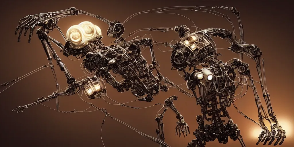 Prompt: skeleton of a robot, made out of wires, transistors, electronics, intricate, elegant, stylish, science fiction, extremely detailed, digital painting, artstation, concept art, smooth, sharp focus, illustration, high octane renderm stunning lighting, art by artgerm and greg rutkowski and alphonse mucha and simon stalenhag