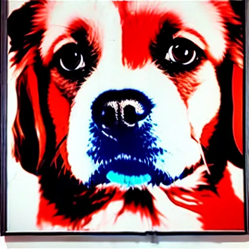 Image similar to coca cola dog tibetan spaniel, art by andy warhol