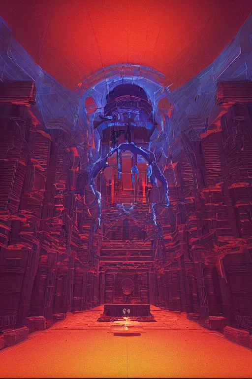 Prompt: Artwork by Beeple of the cinematic view of the Hall of Iron Agony, Infernal, Writings.