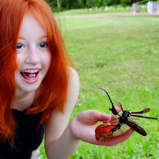 Prompt: A cute redhead girl is happily showing off a creepy bug she caught