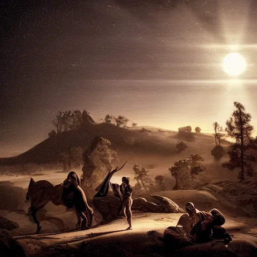 Prompt: epic masterpiece Bleak future forest night sky desert unholy, in the style of David Geddes, Jacques-Louis David, Caravaggio, Élisabeth Vigée Le Brun, dramatic lighting, establishing shot, detailed and clear beautiful realistic faces, 8k resolution – W 1024