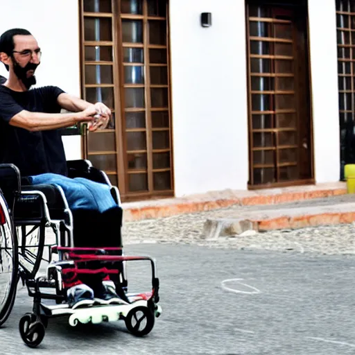 Image similar to pablo echenique in his wheelchair skateboarding in el valle de los caidos, in spain