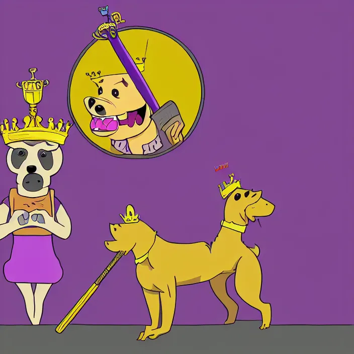 Image similar to a digital drawing of an anthropomorphic dog wearing a purple hoodie and a crown, smashing a golden trophy with a baseball bat. in the style of bojack horseman. lisa hanawalt