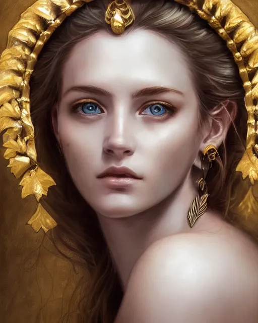 Image similar to front view of beautiful aphrodite greek goddess wearing a gold laurel wreath and triangle earrings, realism tattoo sketch, beautiful piercing eyes with sharp pupils, beautiful blonde hair, in the style of greg rutkowski, fantasy, amazing detail, epic, elegant, smooth, sharp focus