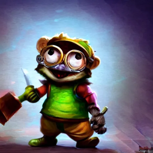 Image similar to still of Teemo from League of Legends in the style of Jim Henson, wearing goggles and wielding an axe