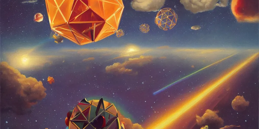 Image similar to a painting by ralph mcquarrie of floating molecules and a giant head icosahedron with stars, clouds, and rainbows in the background, trending on artstation, masterpiece, incredible details