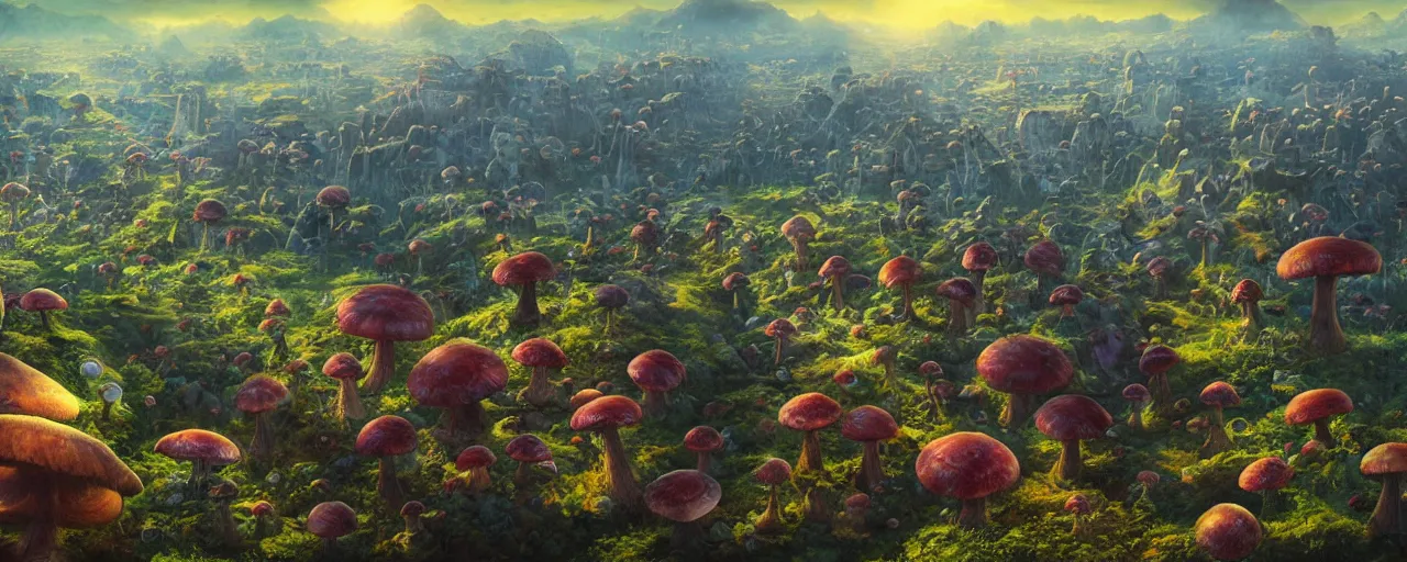 Prompt: ” aerial view of an otherwordly terrain with giant mushrooms, [ cinematic, detailed, epic, widescreen, opening, establishing, mattepainting, photorealistic, realistic textures, octane render, art by paul lehr ] ”