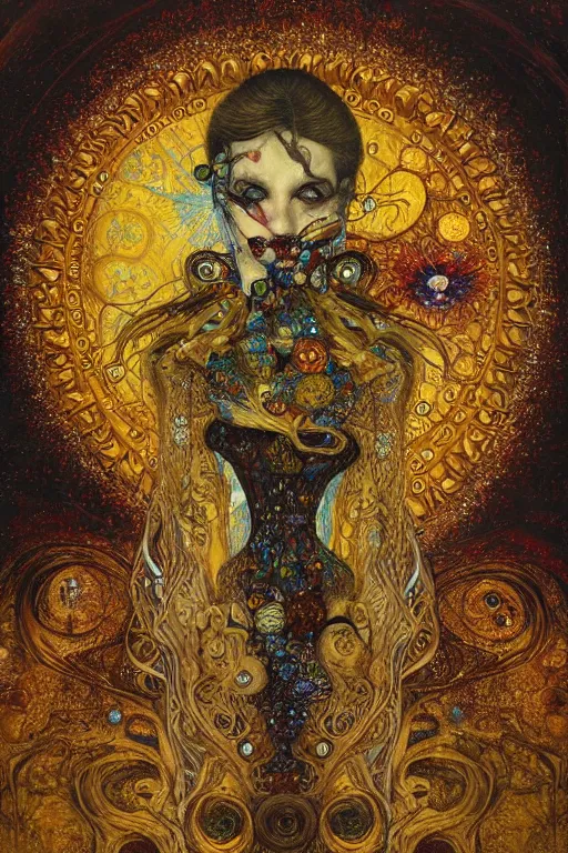 Image similar to Memento Mori by Karol Bak, Jean Deville, Gustav Klimt, and Vincent Van Gogh, beautiful visionary mystical portrait, calavera, otherworldly, fractal structures, ornate gilded medieval icon, third eye, spirals, jeweled calavera by Jean Delville