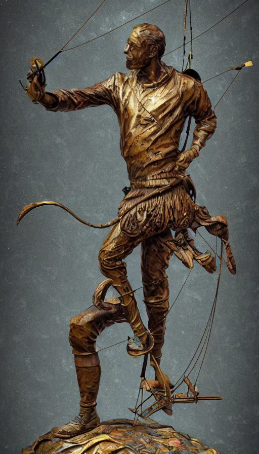 Image similar to An epic fantastic realism comic book style painting of a distressed bronze archery sculpture from the future by Stanislaw Szukalski, beautiful colorful flowers rain down, gilded marbled paper background, archer, fisheye lens, unreal 5, DAZ, hyperrealistic, octane render, dynamic lighting