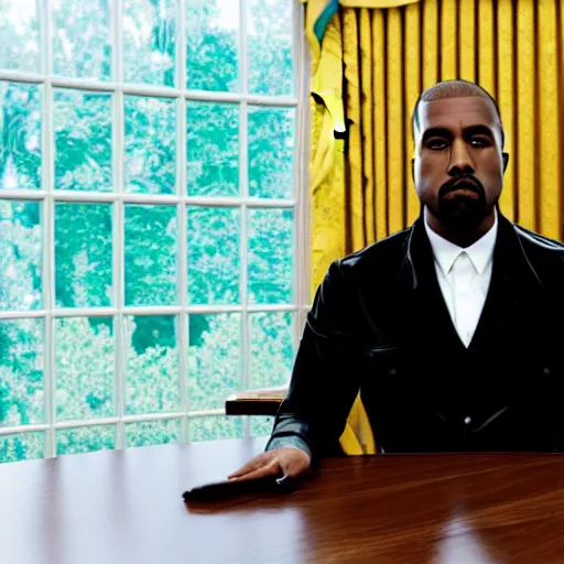 Prompt: photo of kanye west in the oval office, white house, movie still, cinematic, 8 k, unreal engine, 3 d render