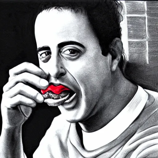 Image similar to hyper realistic portrait of jerry seinfeld eating a disgustingly juicy hamburger