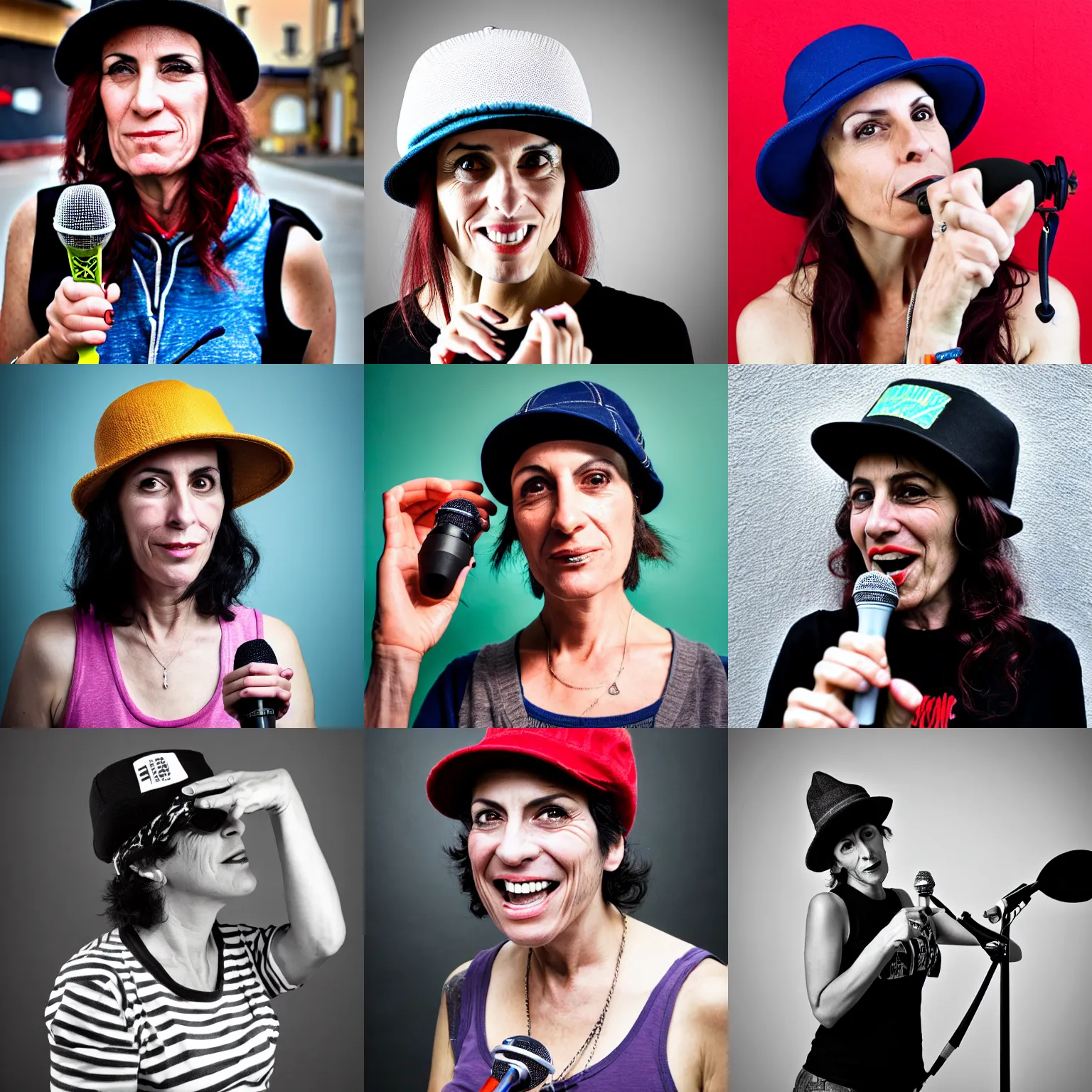 Prompt: an attractive 3 8 year old italian woman with skatepunk style and flatbrim hat holding a microphone in her right hand, no makeup, a photograph, by jane freilicher, tumblr contest winner, lowbrow, adafruit, lighthearted, contest winner