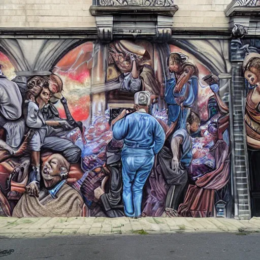 Image similar to hypperealistic art mural,'the saints'street gang mural