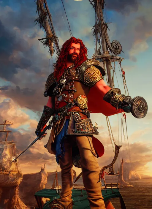 Image similar to An epic fantasy comic book style portrait painting of a long haired, red headed male sky-pirate in front of an skyship in the style of the wheel of time, unreal 5, DAZ, hyperrealistic, octane render, cosplay, RPG portrait, dynamic lighting