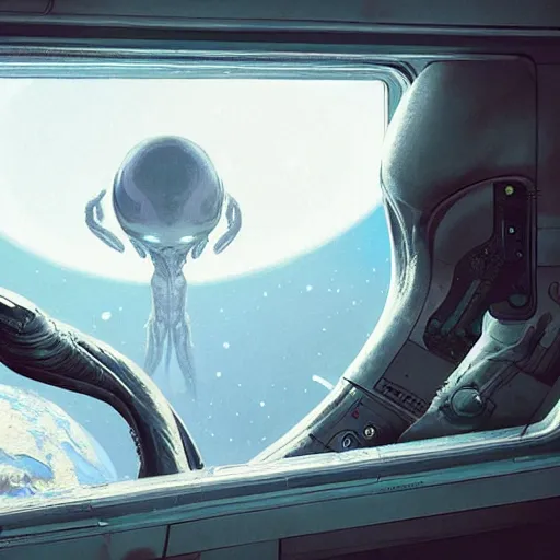 Image similar to An alien looking out of a window in space, on a spaceship, illustrated by Greg Rutkowski, sci-fi art, photorealistic details, intricate details, 4k, 8k