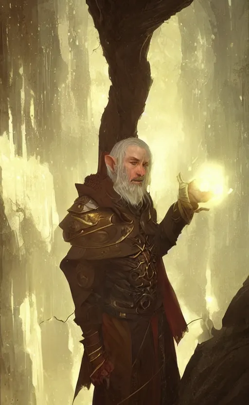 Prompt: Portrait of a middle aged elf wearing a wizards robes, male, detailed face, fantasy, highly detailed, cinematic lighting, digital art painting by greg rutkowski