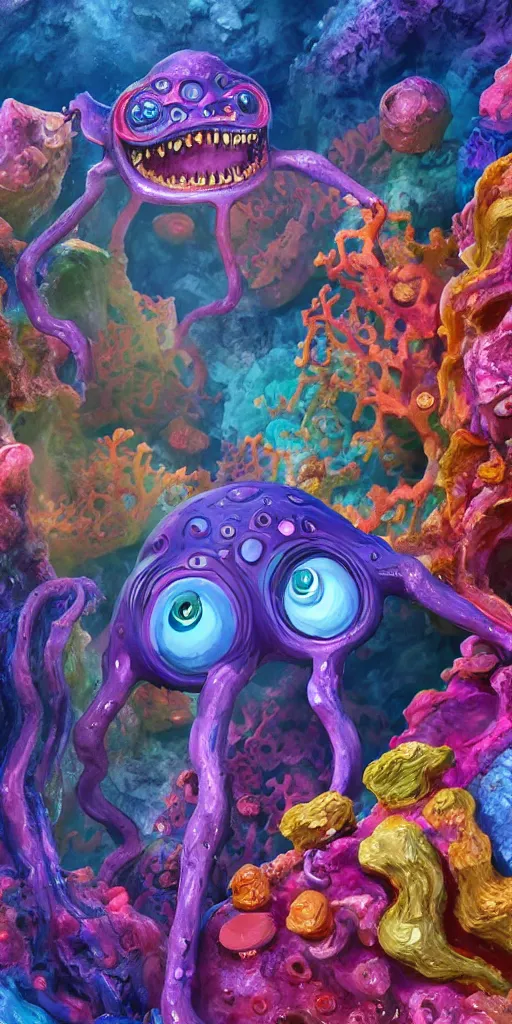 Image similar to of a colorful deep sea cave with strange cute friendly happy creatures with huge eyes, mouth, long tongue and round teeth appearing from sandy coral, in the style of gehry and gaudi, macro lens, shallow depth of field, ultra detailed, digital painting, trending artstation, concept art, illustration, cinematic lighting, photorealism, epic, octane render