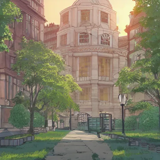 Image similar to Jussieu campus (Sorbonne Université) in the style of studio ghibli, beautiful landscape, intense lighting, 8k, trending on artstation