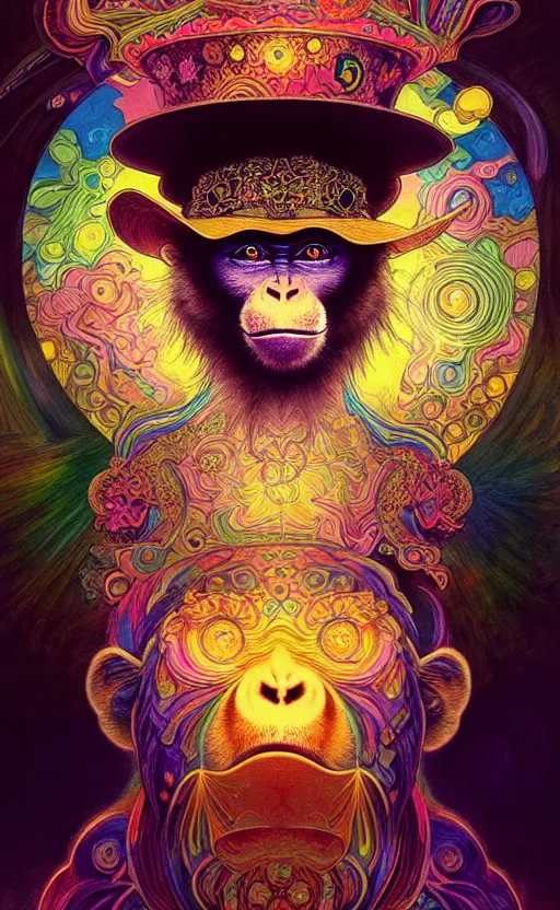 Prompt: An extremely psychedelic celestial Monkey in his black fedora hat, colorful, surreal, dramatic lighting, magic mushrooms, psilocybin, LSD, face, detailed, intricate, elegant, highly detailed, digital painting, artstation, concept art, smooth, sharp focus, illustration, art by Krenz Cushart and Artem Demura and alphonse mucha