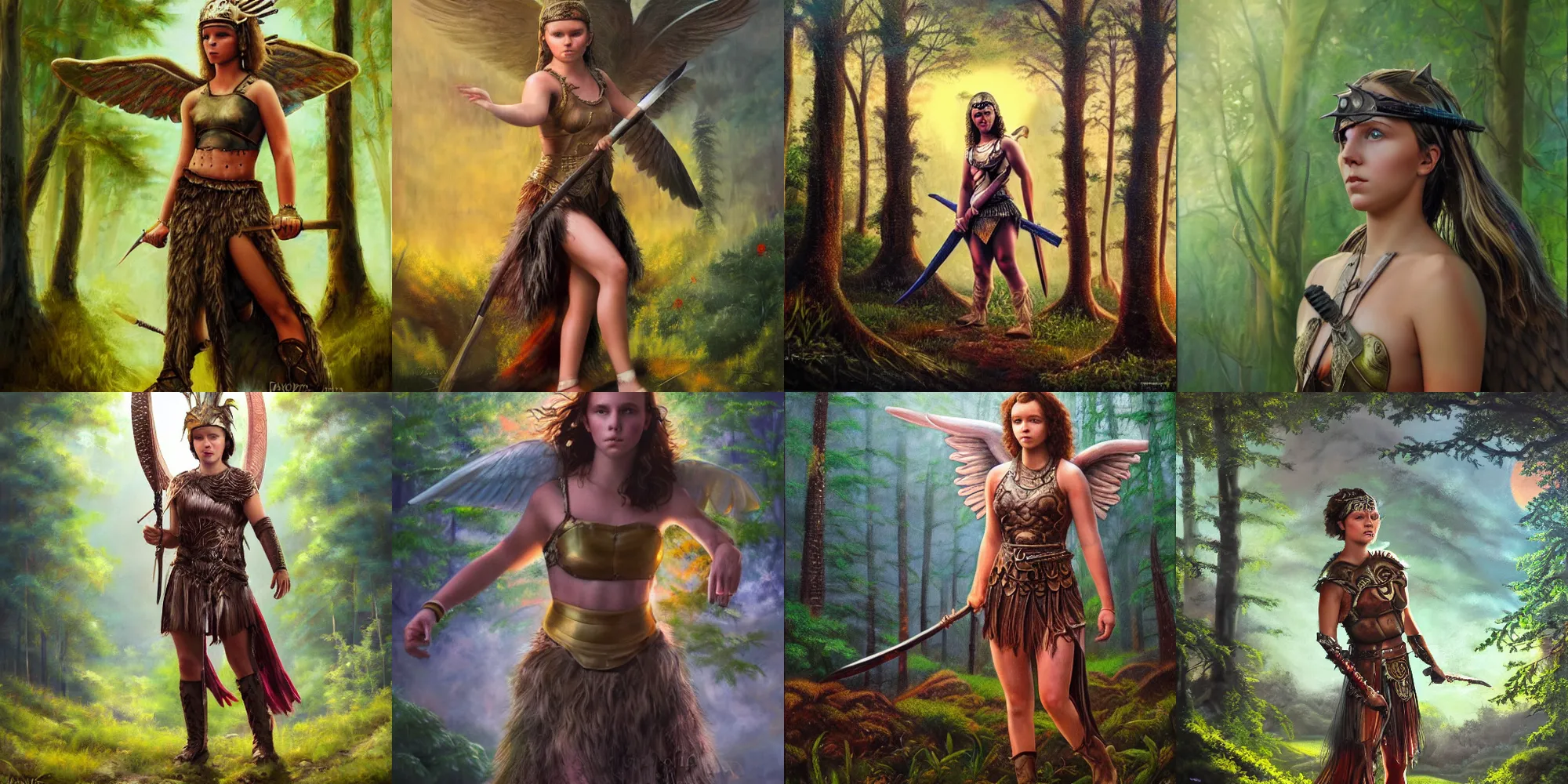 Prompt: beautiful young female warrior bobby millie brown, mythical valkyrie, in a lush forrest, sunrise, realistic oil painting on canvas, trending on artstation,