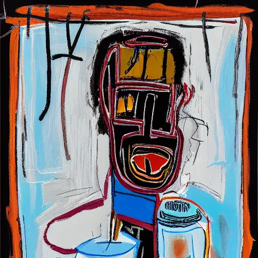 Prompt: Happy Morning. Sunlight is pouring through the window lighting the face of a sleepy young man drinking a cup of coffee. A new day has dawned bringing with it new hopes and aspirations. Detailed and intricate strokes and lines. Painting by Basquiat, 2021