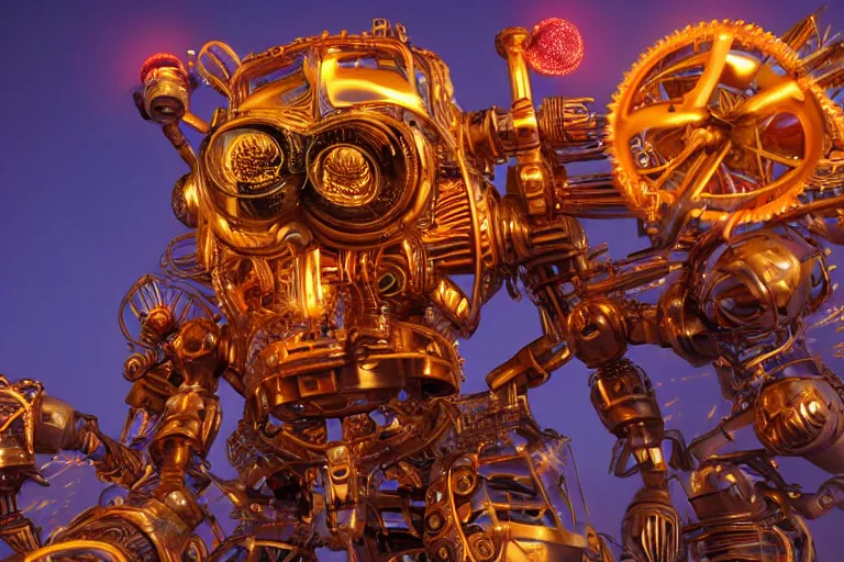 Image similar to scene is burning man festival, portrait photo of a stagediving giant huge golden and blue metal futuristic steampunk robot, with gears and tubes, eyes are glowing red lightbulbs, audience selfie, shiny crisp finish, 3 d render, 8 k, insaneley detailed, fluorescent colors, haluzinogetic, background is multicolored lasershow