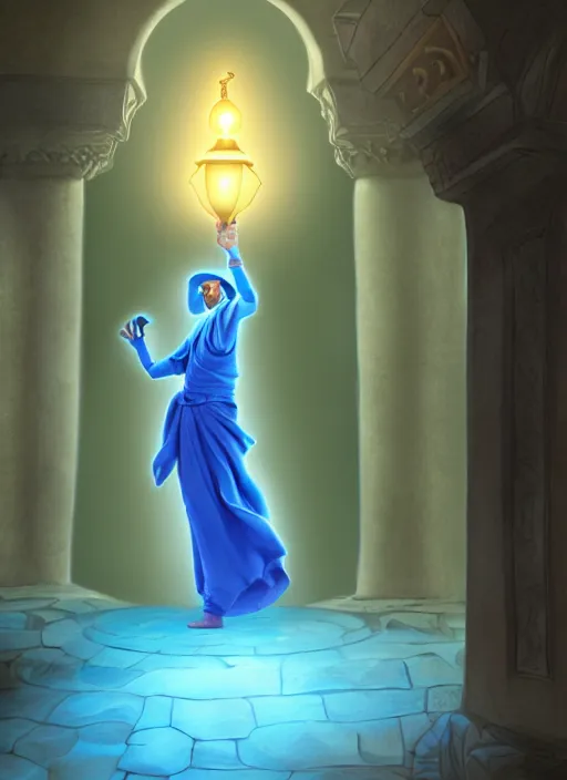 Image similar to genie coming out of his lamp in the middle of a palace . by AquaSixio, hyperrealistic illustration, digital art, 4k, very detailed faces