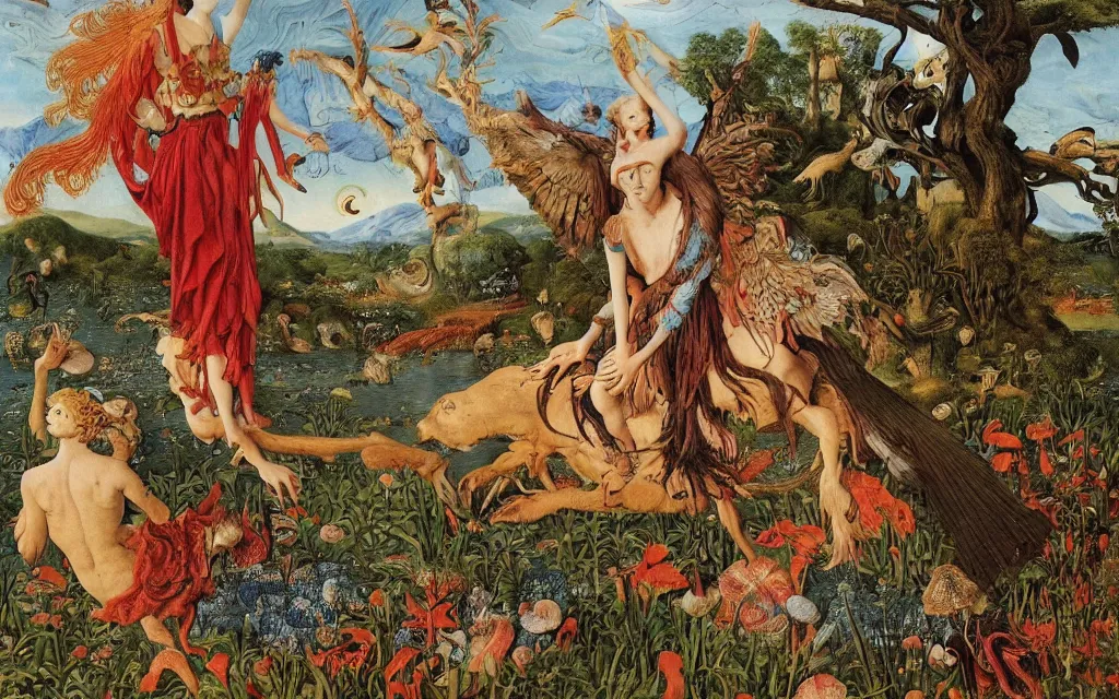 Image similar to a portrait photograph of a meditating harpy and a centaur king riding eagles and hugging animals at a river delta. surrounded by mushrooms, flowers, animals and trees. mountains range under a blue sky of burning stars. painted by jan van eyck, max ernst, ernst haeckel and ernst fuchs, cgsociety, artstation, fashion editorial, 8 k