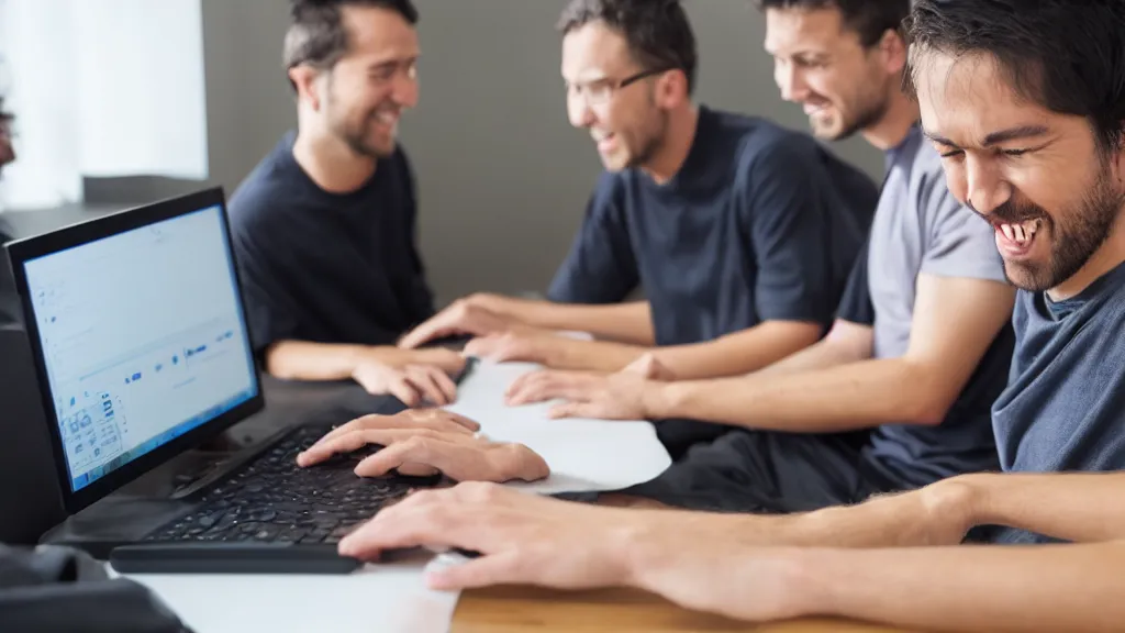 Prompt: several guys typing a keyboard and laughing very hard, mouth wide open, looking at camera, silky smooth cloth, wet look