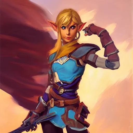 Image similar to greg manchess portrait painting of partially armored female link from legend of zelda as overwatch character, medium shot, asymmetrical, profile picture, organic painting, sunny day, matte painting, bold shapes, hard edges, street art, trending on artstation, by huang guangjian and gil elvgren and sachin teng