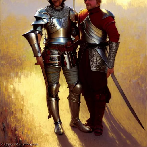 Image similar to attractive arthur pendragon and his attractive male knight, they are in love, natural lighting, path traced, highly detailed, high quality, digital painting, by gaston bussiere, craig mullins, alphonse mucha j. c. leyendecker